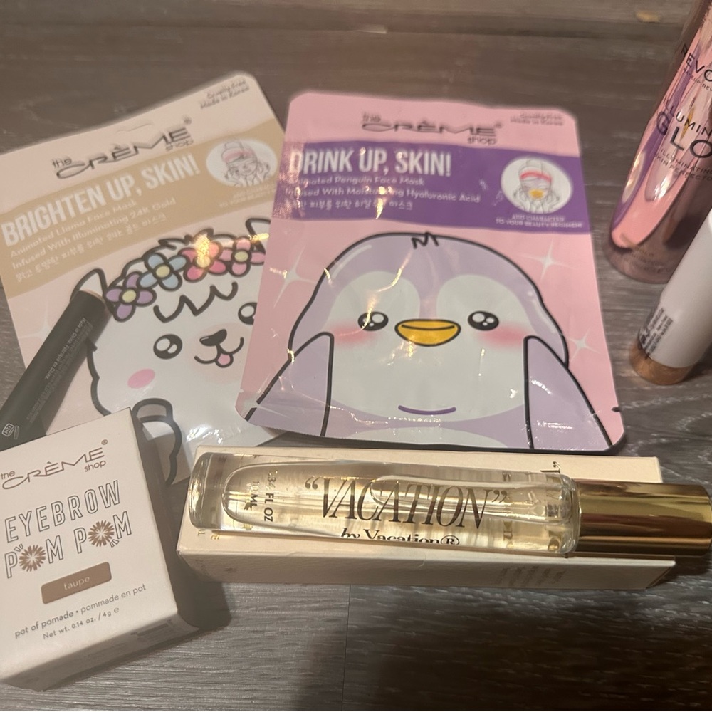 Face masks, Morphe brow, perfume called vacation by vacation, lipstick,brow etc